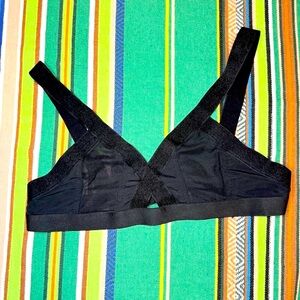 French Affair Stretch Mesh & Elastic Crossover Bralette in Black size Large